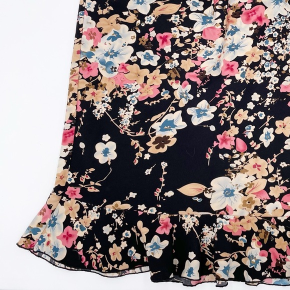 Vintage 90s Y2K Pantology Black Floral A-line Ruffle Hem Stretch Slip Skirt - Picture 3 of 7